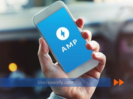 Smartphone displaying AMP (Accelerated Mobile Pages) logo on a blue background. Its about mobile page speed services.